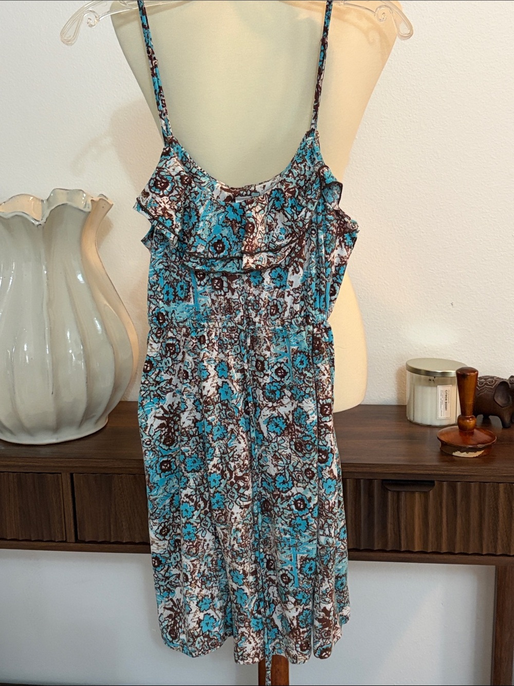 No Boundaries Turquoise Brown Floral Spaghetti Strap Mini Dress